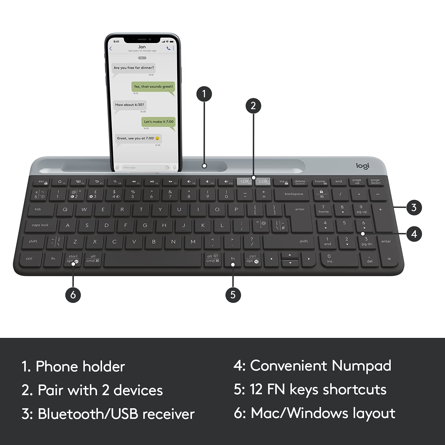 Logitech K580 Slim Multi-Device Wireless Keyboard – Bluetooth/Receiver, Compact, Easy Switch, 24 Month Battery, Win/Mac, Desktop, Tablet, Smartphone, Laptop Compatible - Graphite Graphite Keyboard - Image 6