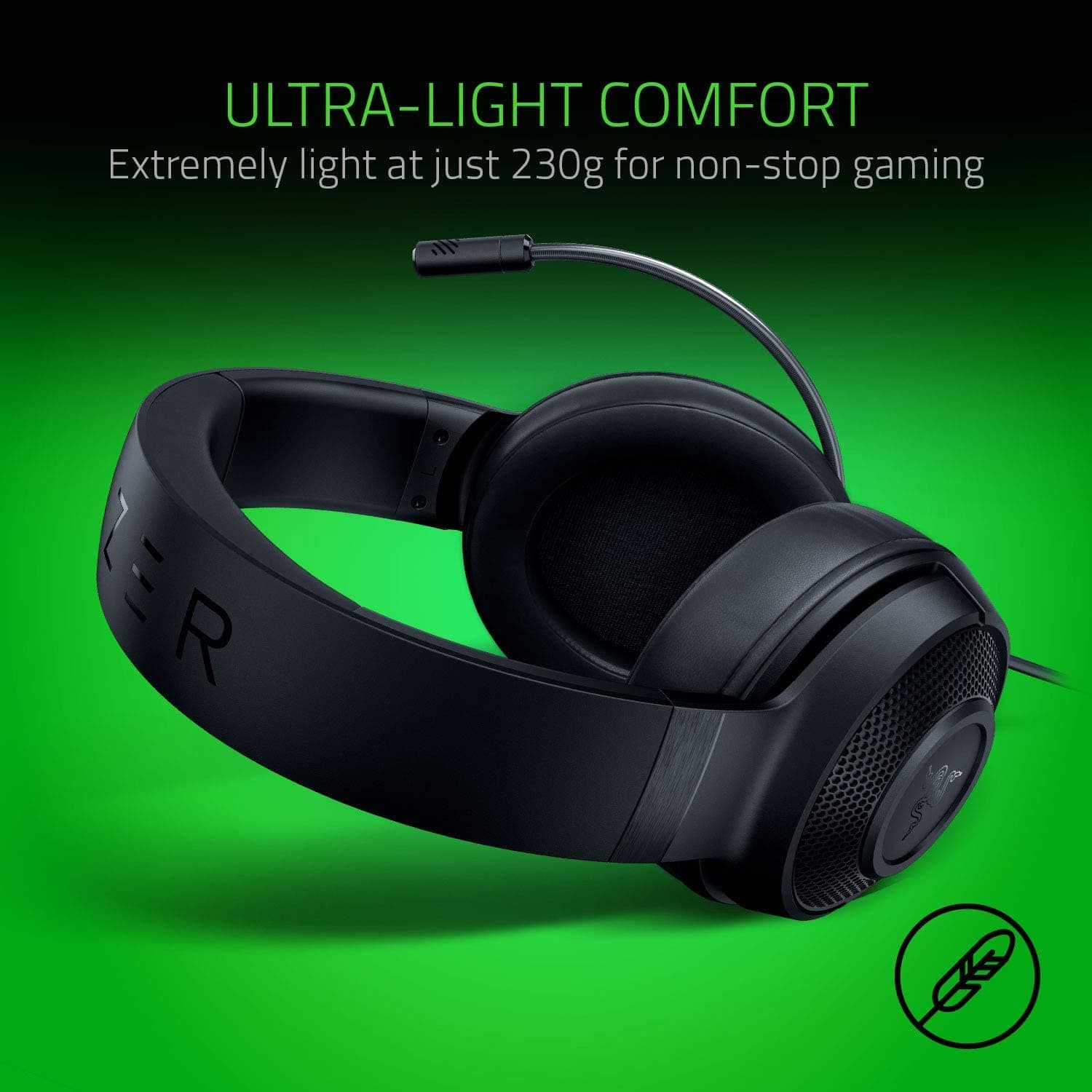 Razer Kraken X Lite Ultralight Wired Gaming Over Ear Headset: 7.1 Surround Sound Capable - Lightweight Frame - Bendable Cardioid Microphone - for PC, Xbox, PS4, Nintendo Switch - Classic Black - Image 2