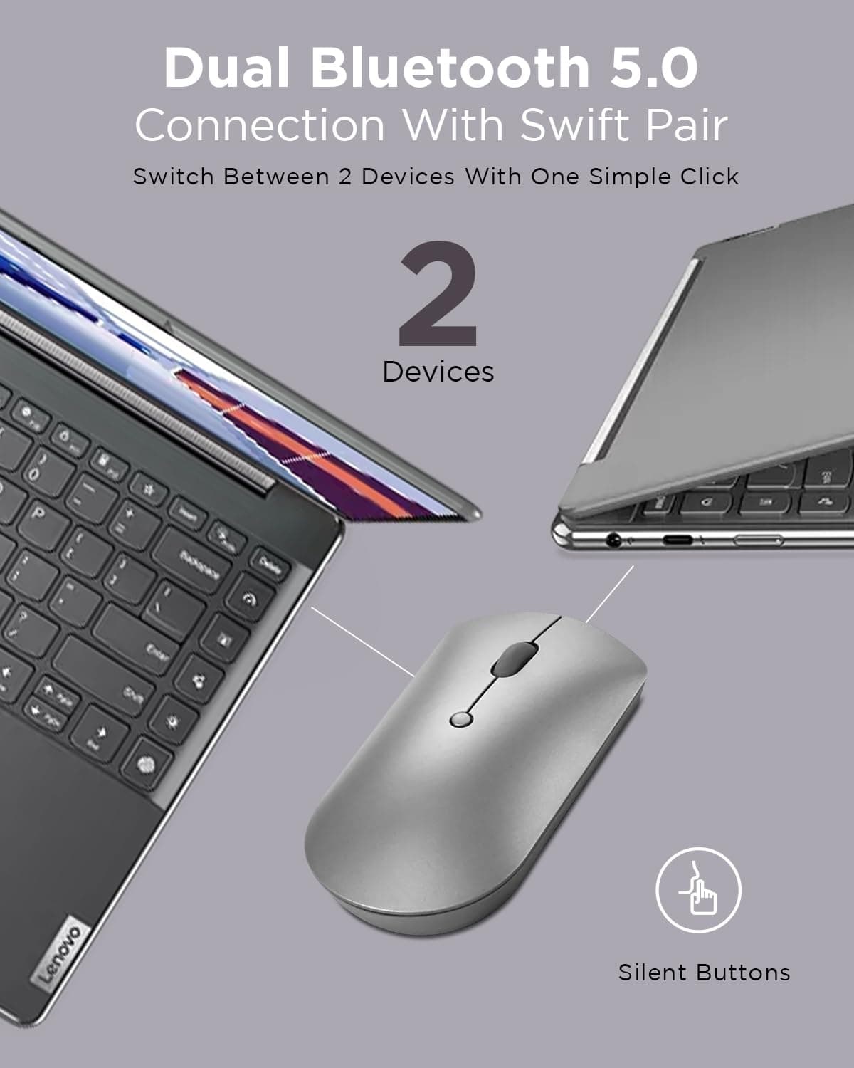 Lenovo 600 Bluetooth 5.0 Silent Mouse: Compact, Portable, Dongle-Free Multi-Device connectivity with Microsoft Swift Pair | 3-Level Adjustable DPI up to 2400 | Battery Life: up to 1 yr - Image 4
