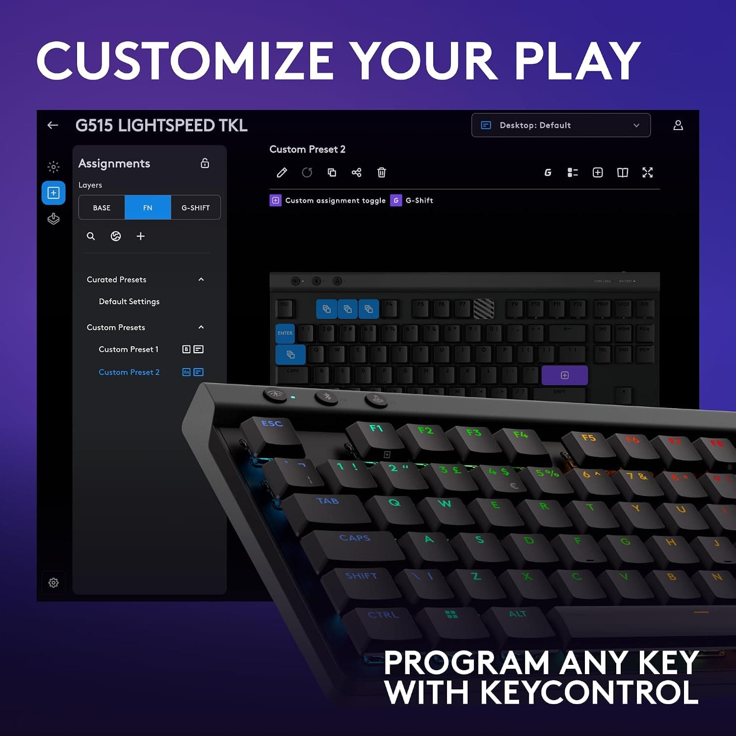 Logitech G515 Lightspeed TKL Low Profile Wireless Gaming Keyboard, LIGHTSYNC RGB, Thin Tenkeyless Design, PBT Keycaps, Tactile (Brown) Mechanical Switches - Black G515 Black KB - Image 3