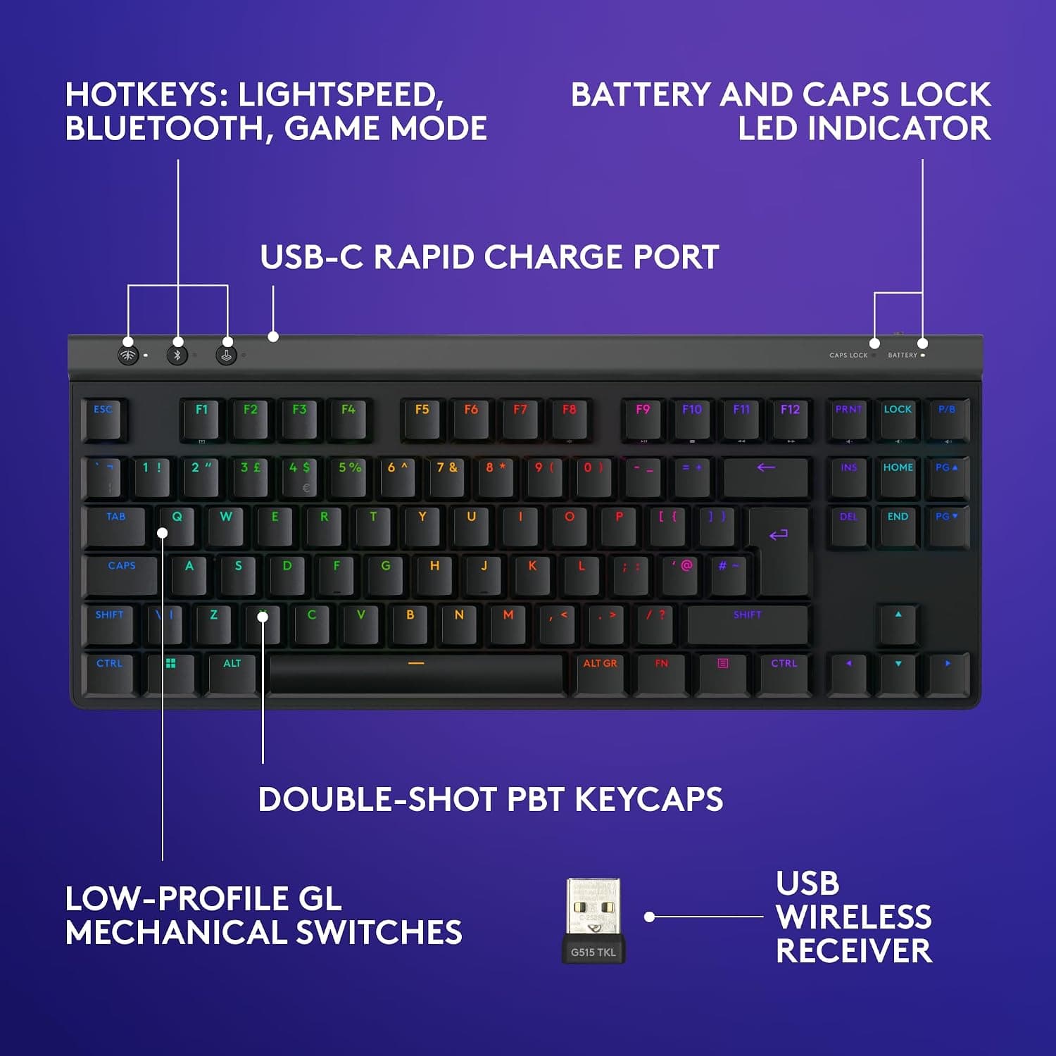 Logitech G515 Lightspeed TKL Low Profile Wireless Gaming Keyboard, LIGHTSYNC RGB, Thin Tenkeyless Design, PBT Keycaps, Tactile (Brown) Mechanical Switches - Black G515 Black KB - Image 6
