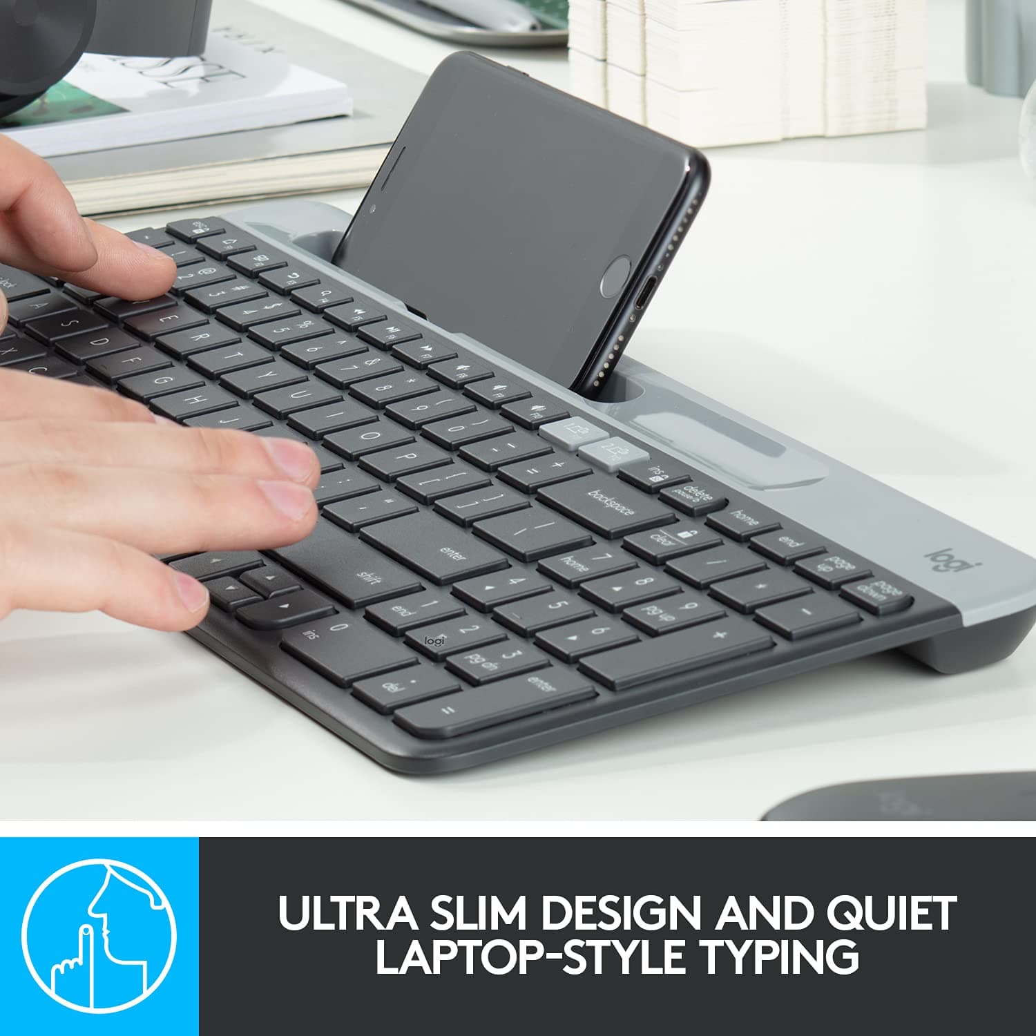 Logitech K580 Slim Multi-Device Wireless Keyboard – Bluetooth/Receiver, Compact, Easy Switch, 24 Month Battery, Win/Mac, Desktop, Tablet, Smartphone, Laptop Compatible - Graphite Graphite Keyboard - Image 4