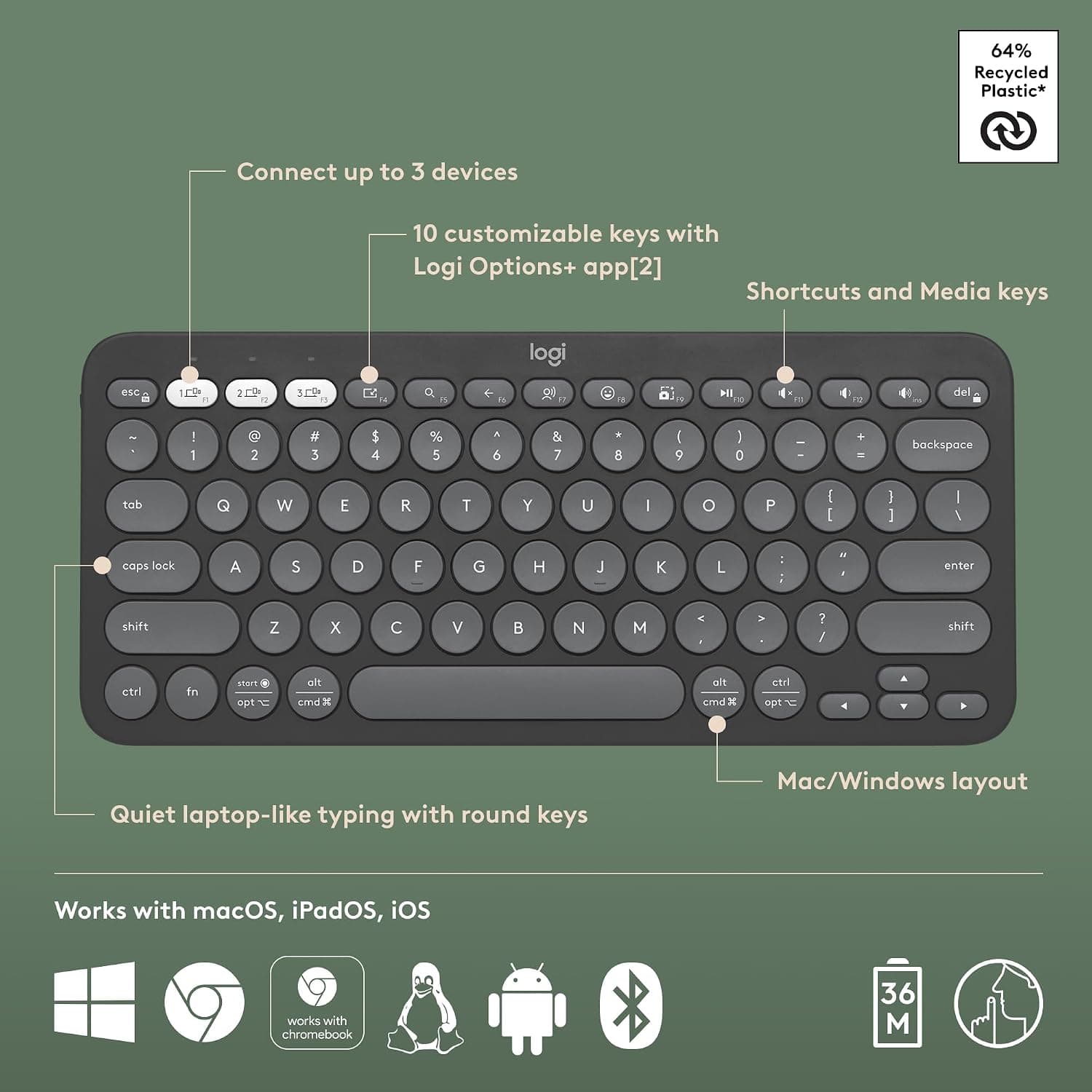 Logitech Pebble Keys 2 K380s, Multi-Device Bluetooth Wireless Keyboard with Customisable Shortcuts, Slim and Portable, Easy-Switch for Windows, macOS, iPadOS, Android, Chrome OS - Tonal Graphite Pebble Keys 2 K380s- Graphite - Image 6