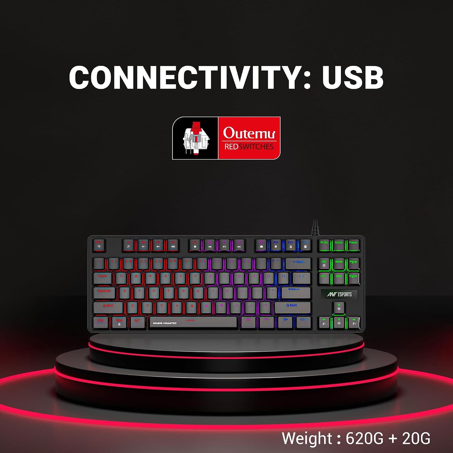 Ant Esports Gaming Keyboard MK1000 TKL Mechanical Multicolor LED Backlit Wired -Black with Blue Switch - Image 2