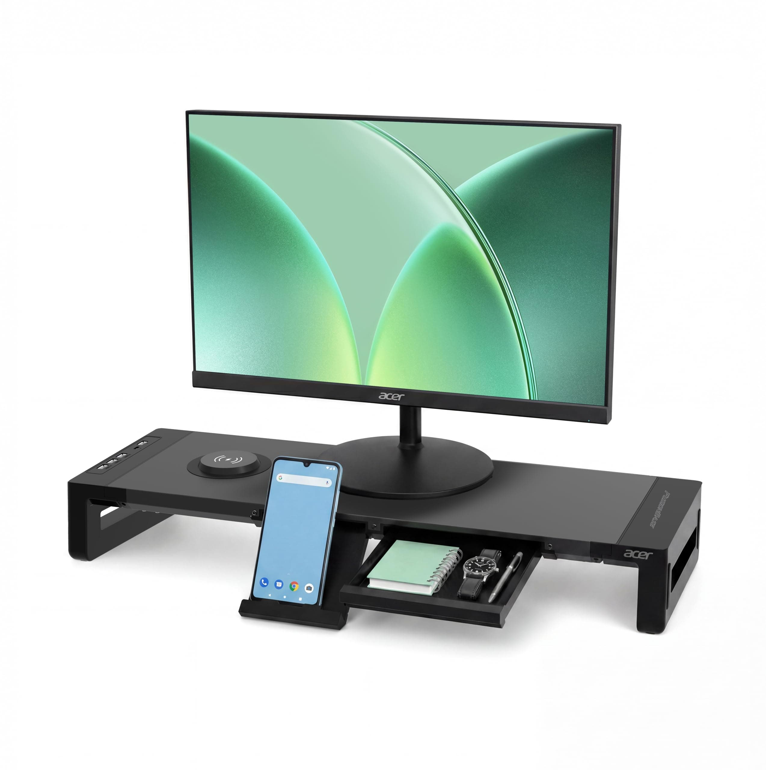 Acer FusionBase Monitor & Laptop Stand | Foldable ABS + Metal Build | USB Fast Charging 1x Type-C & 1x Type A + 3×Data Ports incl. USB 3.0 | 15W Wireless Charger | Mobile Phone Holder, Drawer | Black - Image 1