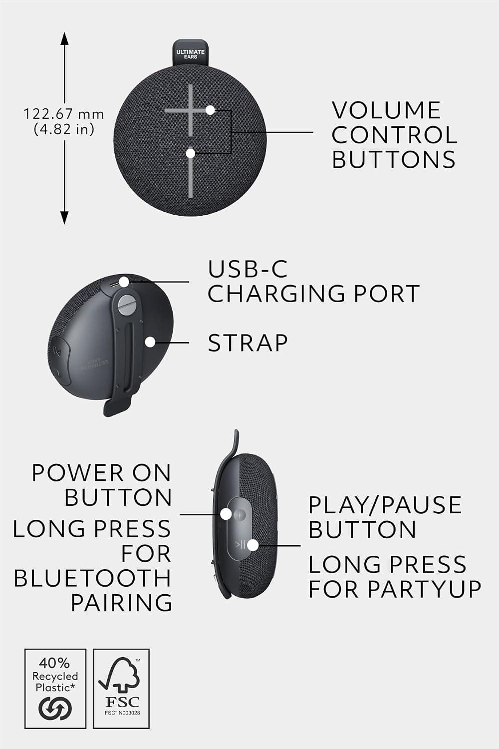 ULTIMATE EARS MINIROLL Ultra-Portable Waterproof Bluetooth Speaker, Big Bass, IP67 Dustproof, 40 m (131 ft) Range - Gentle Black - Image 7