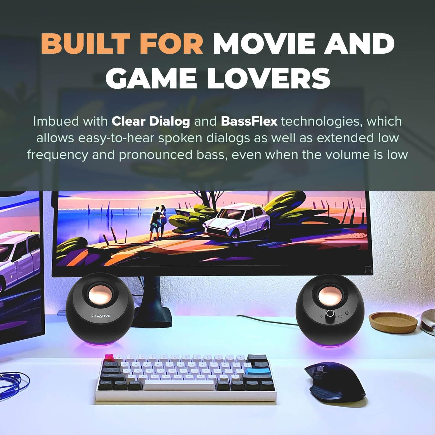 Creative Pebble Pro Minimalist 2.0 USB-C Computer Speakers with Bluetooth 5.3 and Customizable RGB Lighting, Clear Dialog and BassFlex Tech, USB Audio, Headset Port, for PC and Mac (White) - Image 4