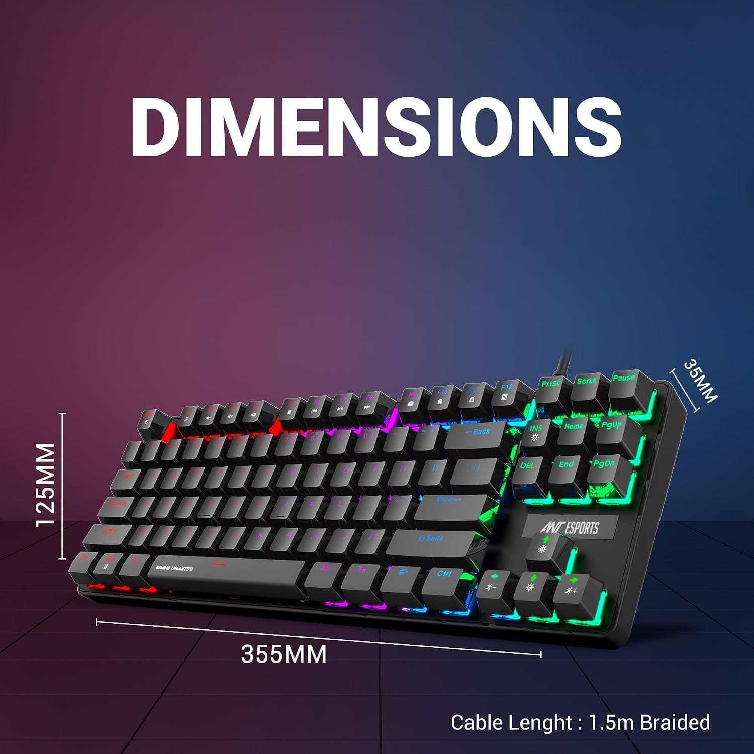Ant Esports Gaming Keyboard MK1000 TKL Mechanical Multicolor LED Backlit Wired -Black with Blue Switch - Image 3