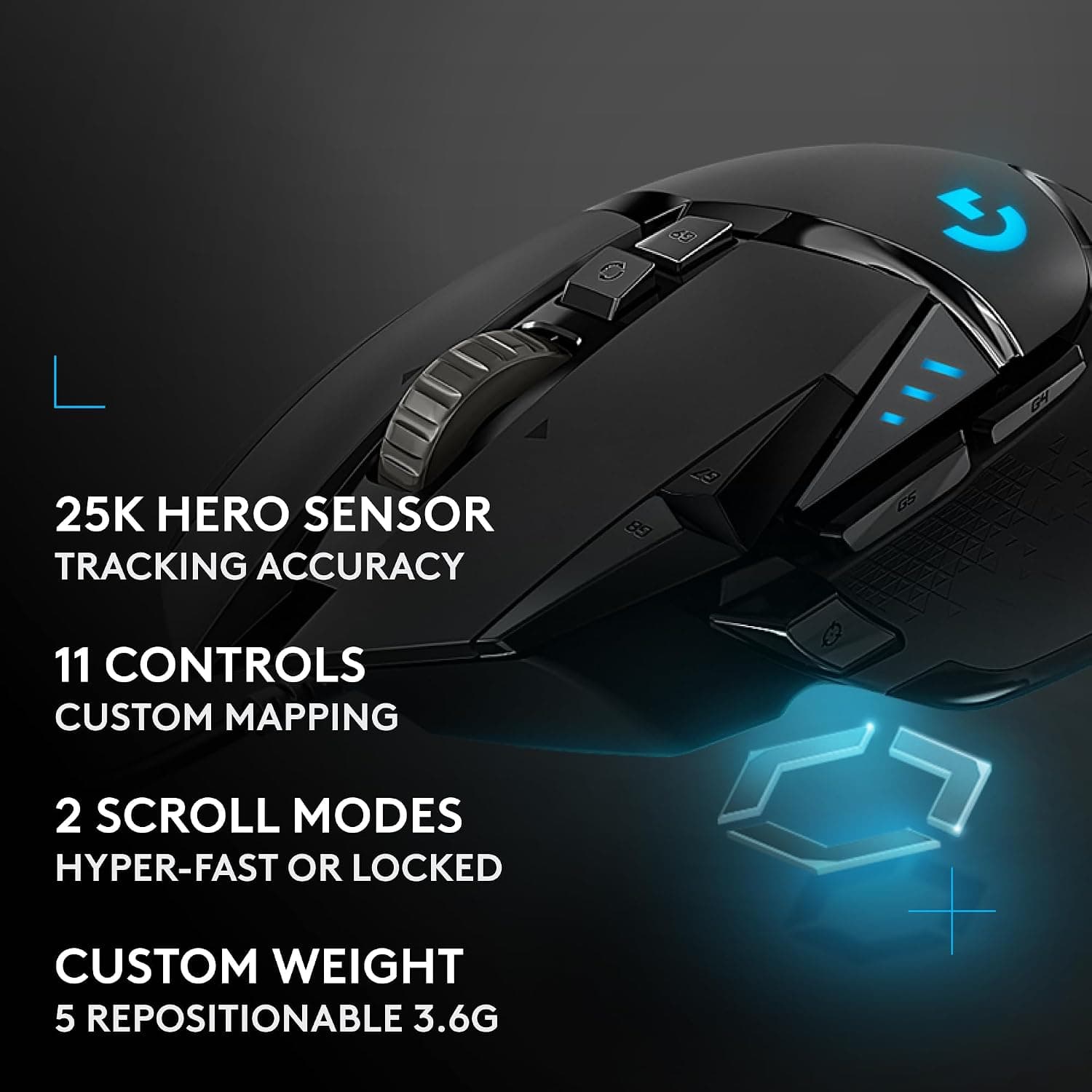 Logitech G502 Hero High Performance Wired USB Gaming Mouse, Hero 25K Sensor, 25,600 DPI, RGB, Adjustable Weights, 11 Programmable Buttons, On-Board Memory, PC/Mac - Black - Image 9