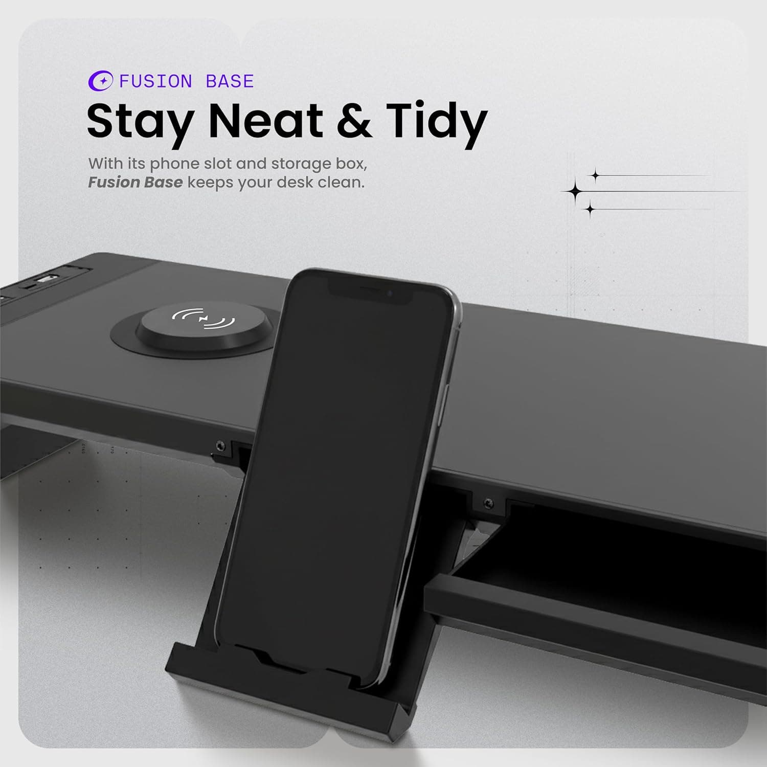 Acer FusionBase Monitor & Laptop Stand | Foldable ABS + Metal Build | USB Fast Charging 1x Type-C & 1x Type A + 3×Data Ports incl. USB 3.0 | 15W Wireless Charger | Mobile Phone Holder, Drawer | Black - Image 6