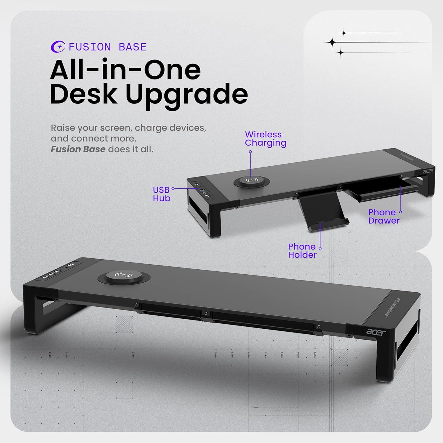 Acer FusionBase Monitor & Laptop Stand | Foldable ABS + Metal Build | USB Fast Charging 1x Type-C & 1x Type A + 3×Data Ports incl. USB 3.0 | 15W Wireless Charger | Mobile Phone Holder, Drawer | Black - Image 2