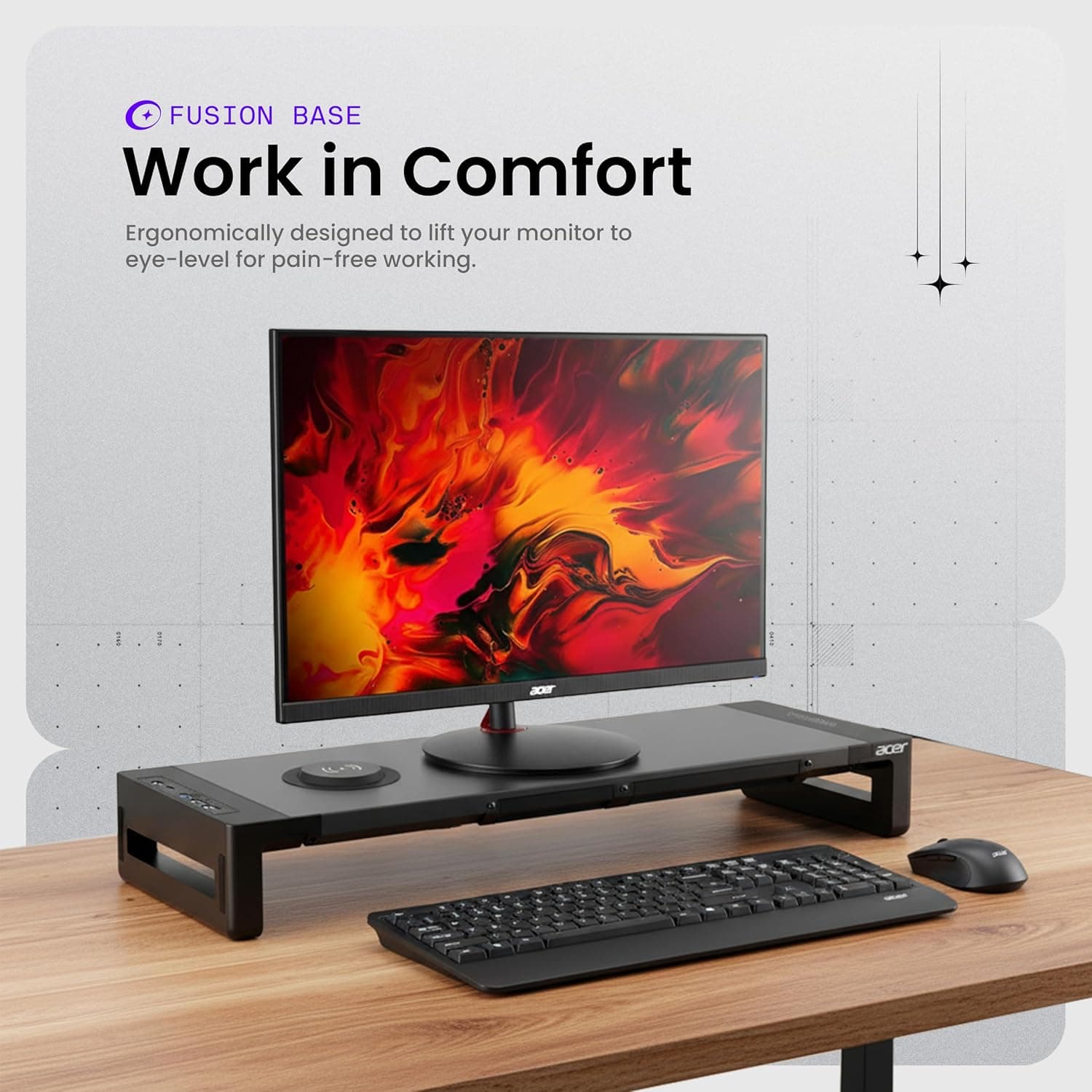 Acer FusionBase Monitor & Laptop Stand | Foldable ABS + Metal Build | USB Fast Charging 1x Type-C & 1x Type A + 3×Data Ports incl. USB 3.0 | 15W Wireless Charger | Mobile Phone Holder, Drawer | Black - Image 3