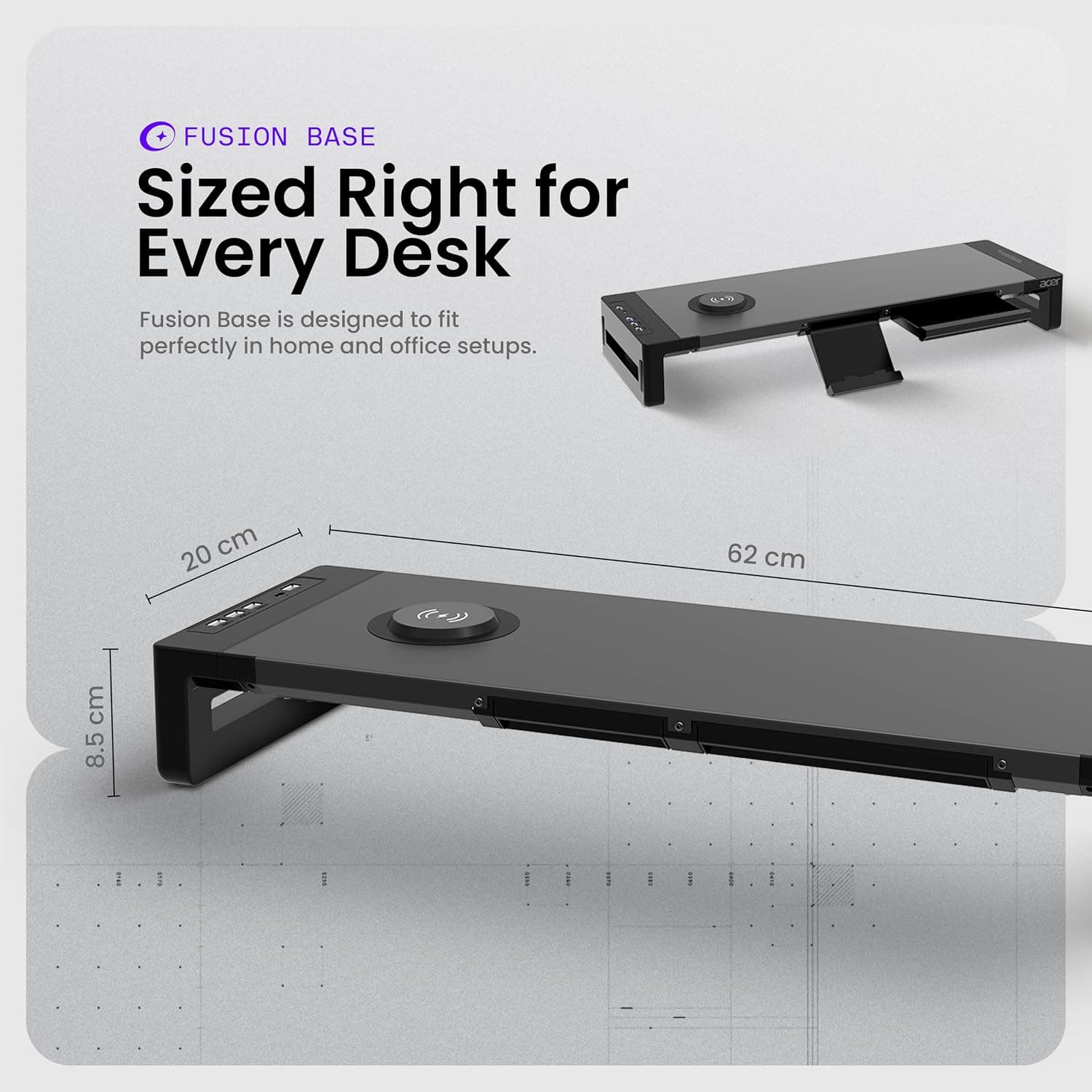 Acer FusionBase Monitor & Laptop Stand | Foldable ABS + Metal Build | USB Fast Charging 1x Type-C & 1x Type A + 3×Data Ports incl. USB 3.0 | 15W Wireless Charger | Mobile Phone Holder, Drawer | Black - Image 9