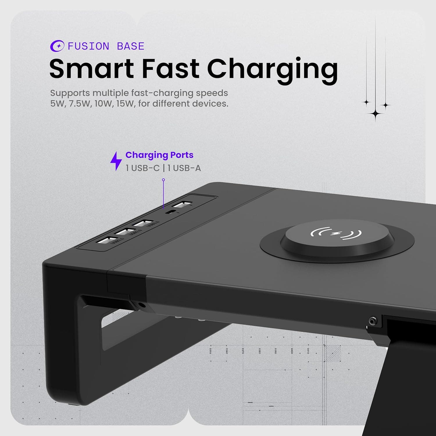 Acer FusionBase Monitor & Laptop Stand | Foldable ABS + Metal Build | USB Fast Charging 1x Type-C & 1x Type A + 3×Data Ports incl. USB 3.0 | 15W Wireless Charger | Mobile Phone Holder, Drawer | Black - Image 5
