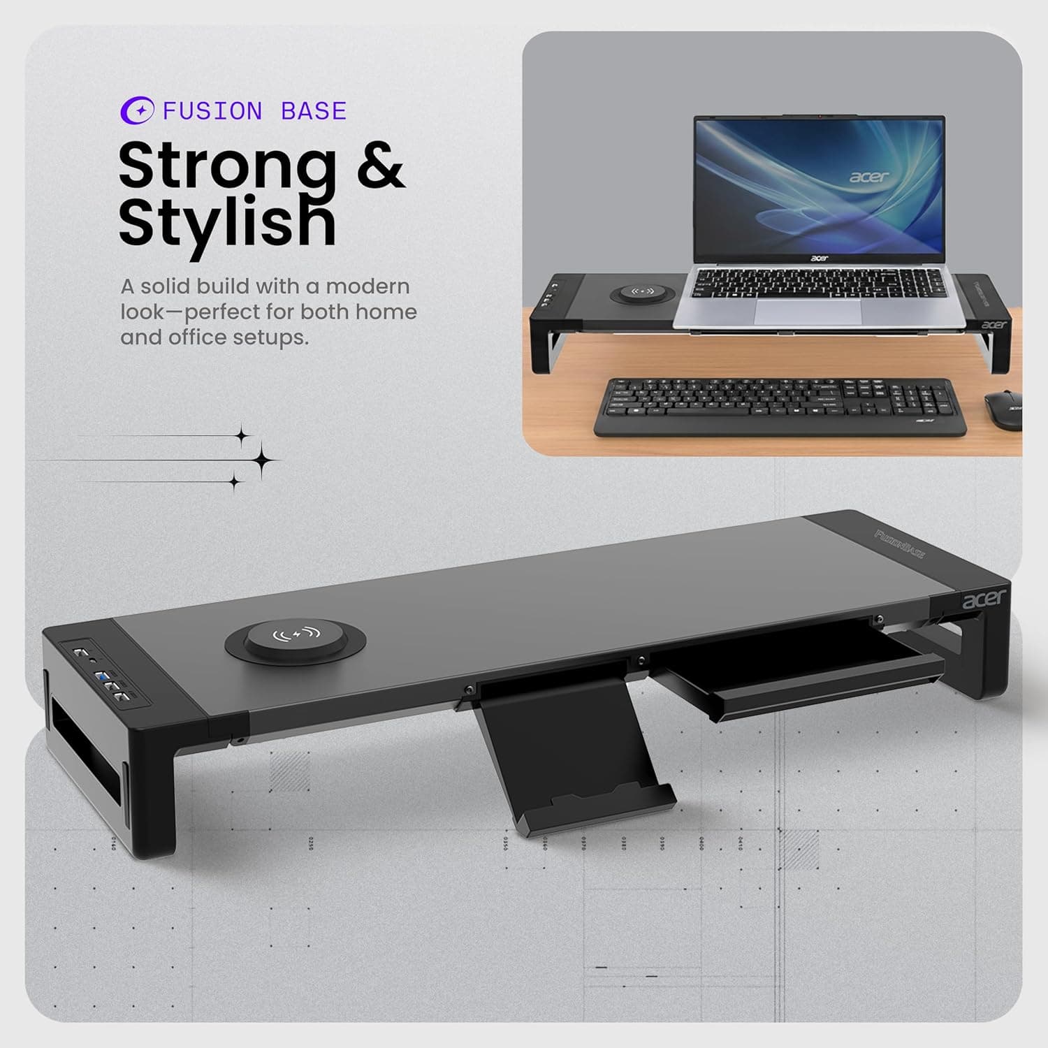 Acer FusionBase Monitor & Laptop Stand | Foldable ABS + Metal Build | USB Fast Charging 1x Type-C & 1x Type A + 3×Data Ports incl. USB 3.0 | 15W Wireless Charger | Mobile Phone Holder, Drawer | Black - Image 4