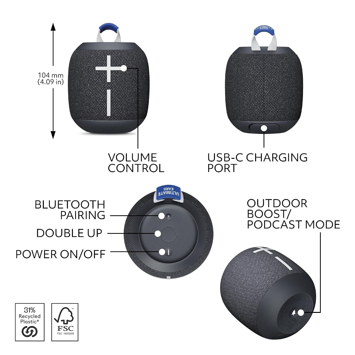 Ultimate Ears WONDERBOOM 4 Portable Waterproof Bluetooth Speaker with Big Bass and 360-Degree Sound, Dustproof Floating Speaker with 40 m (131ft) Range - Active Black Ultimate Ears WB 4- Black - Image 5