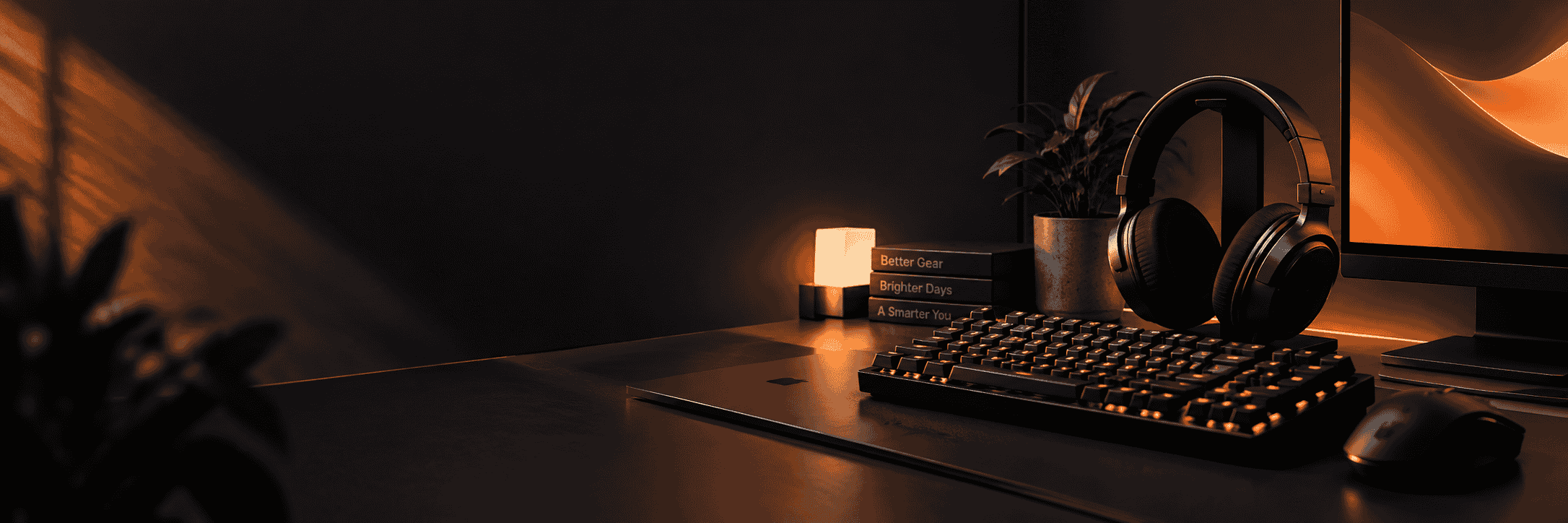 A premium desk setup with a mechanical keyboard, headphones, and warm amber lighting