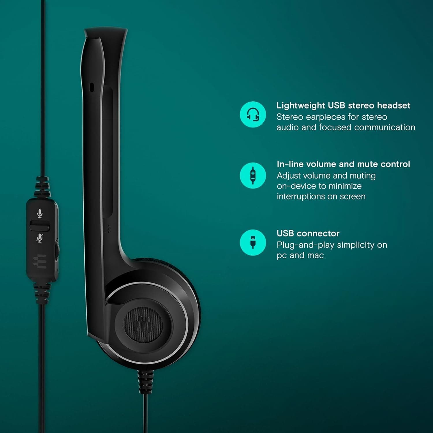 EPOS PC 8 USB A On-Ear Stereo Wired Headset with Microphone, Wired Headphones, Inline Volume Control, Mute Function, Noise-Canceling Microphone, for Laptop, PC, Mac - Online Calls, Teaching - Image 7