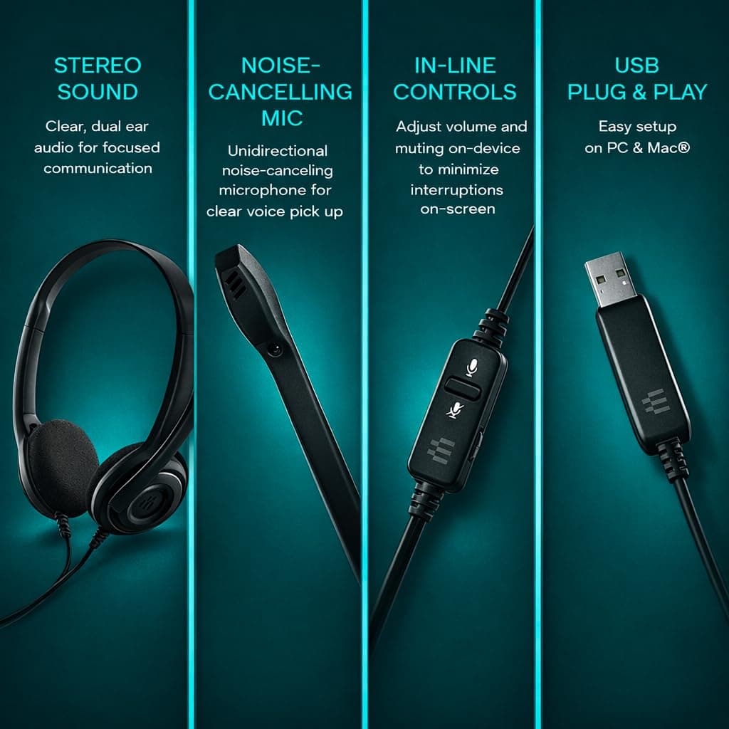 EPOS PC 8 USB A On-Ear Stereo Wired Headset with Microphone, Wired Headphones, Inline Volume Control, Mute Function, Noise-Canceling Microphone, for Laptop, PC, Mac - Online Calls, Teaching - Image 3