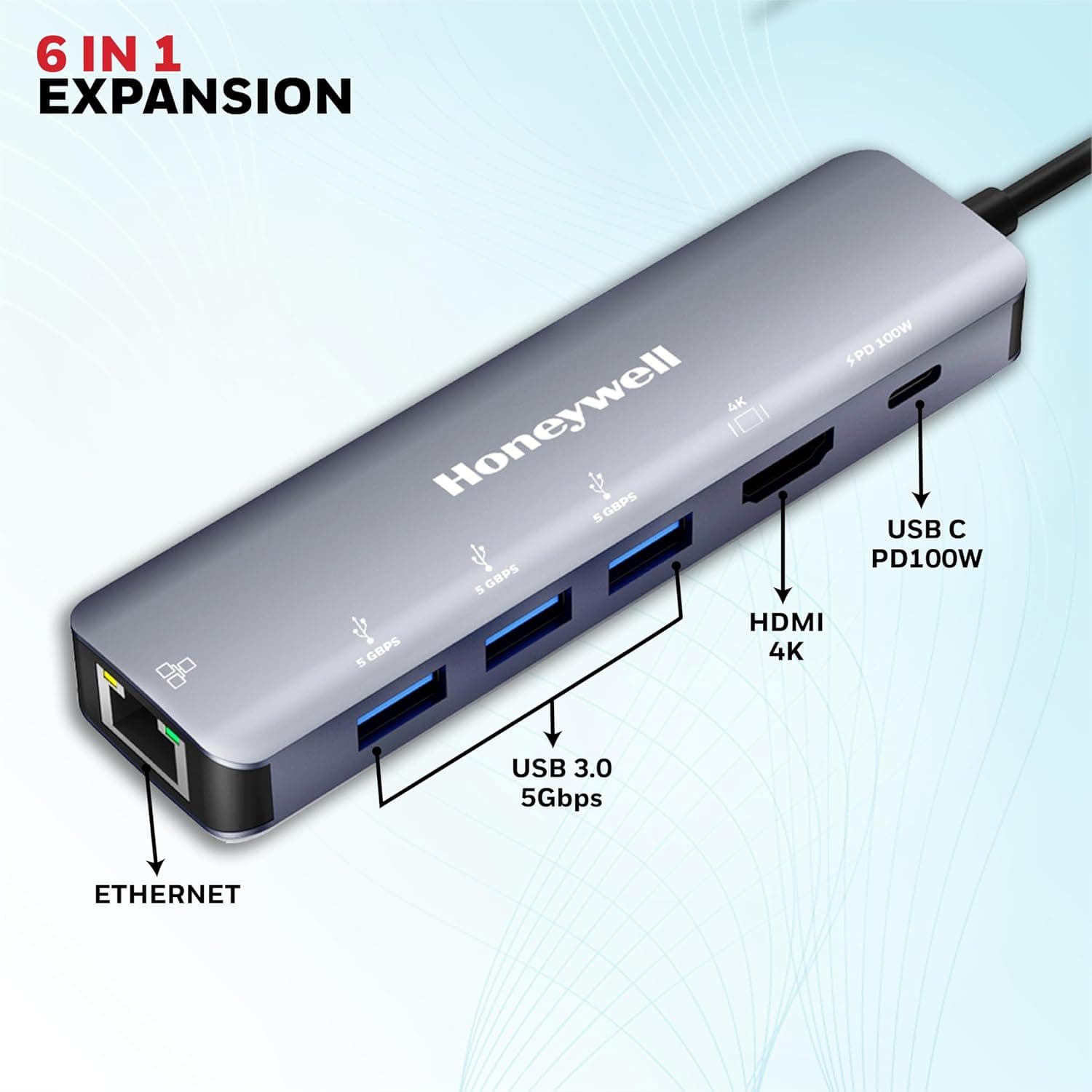 Honeywell New Launch 6-in-1 Type C Docking Station with 4K HDMI Port, 1GBPS RJ45 Ethernet Port, 3xUSB Port & Type C 3.0 PD 100W, for All Type C Devices-Windows/MacBook, On-The-Go Feature 6 in 1 - Image 2