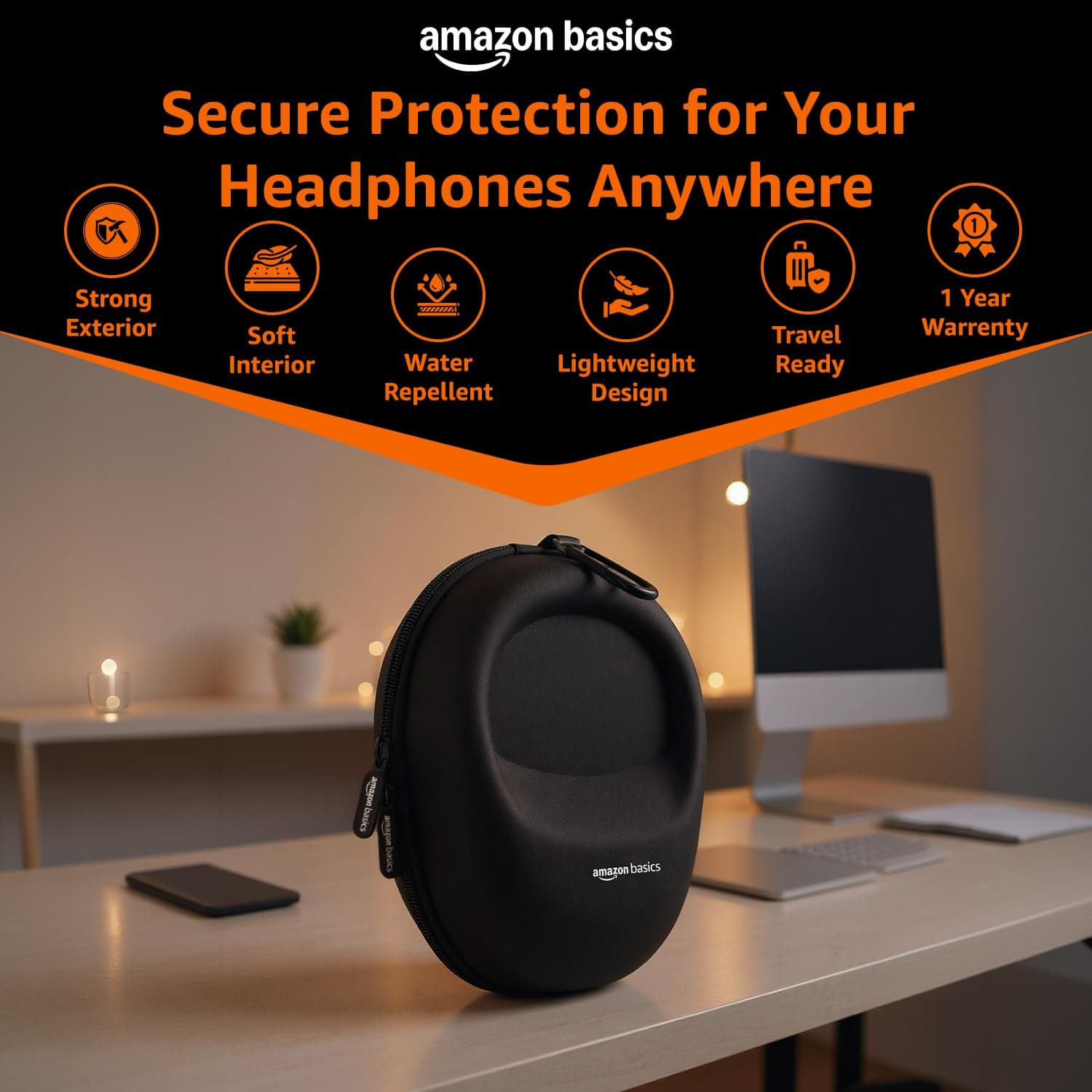 Amazon Basics Hard Shell EVA Headphone Carrying Case for Universal Oversized Over-Ear Headset, Shockproof, Water Repellent, Anti-Pressure Portable Protective Pouch/Storage Bag, Black - Image 2