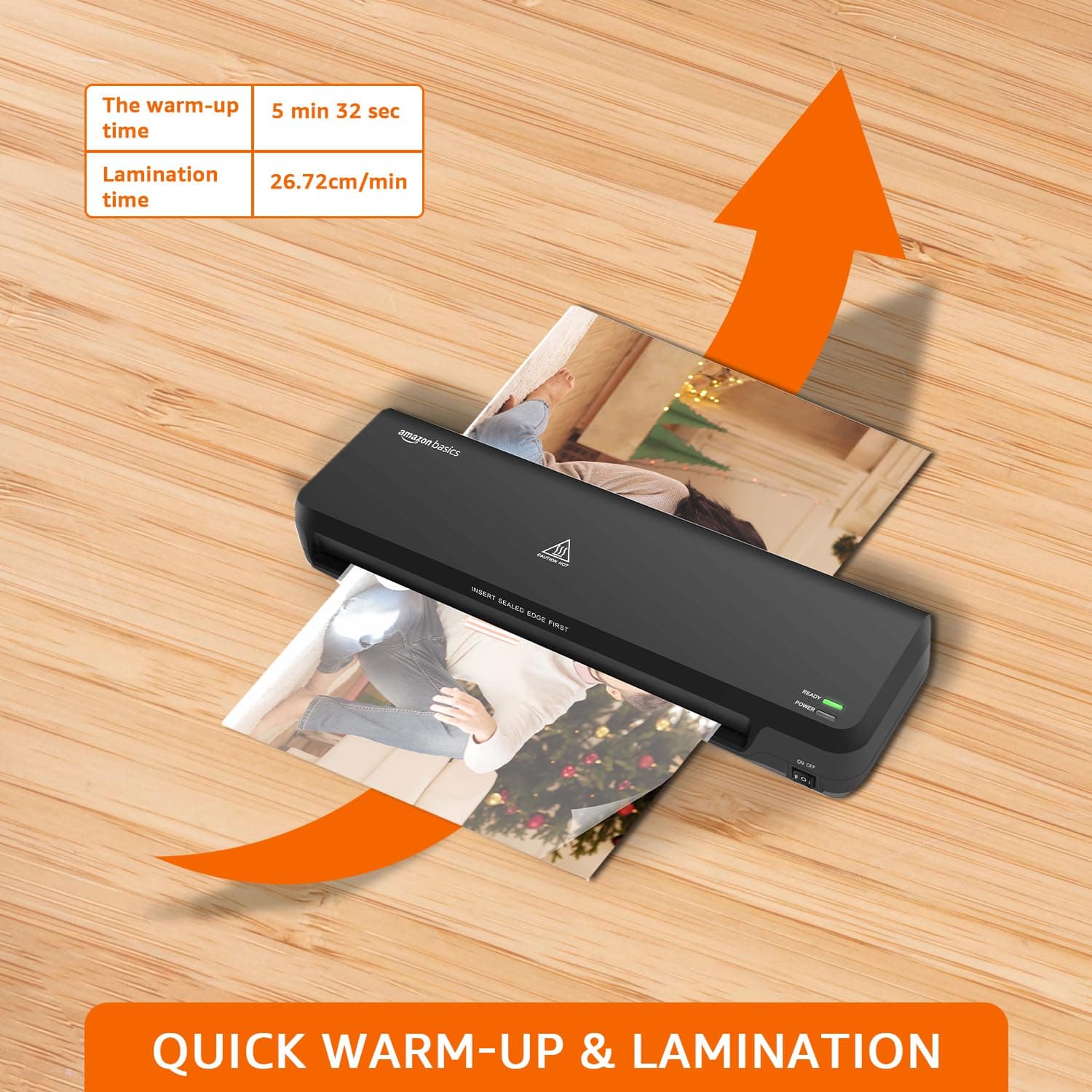 Amazon Basics Hot A4 Thermal Laminating Machine/Laminator A401 | Quick 5-Min Warm-Up | Push Button Pause | Durable Thermostats (100 Cycles) | 26.72 cm/min Speed | for Photos, IDs, Documents (Black) - Image 4