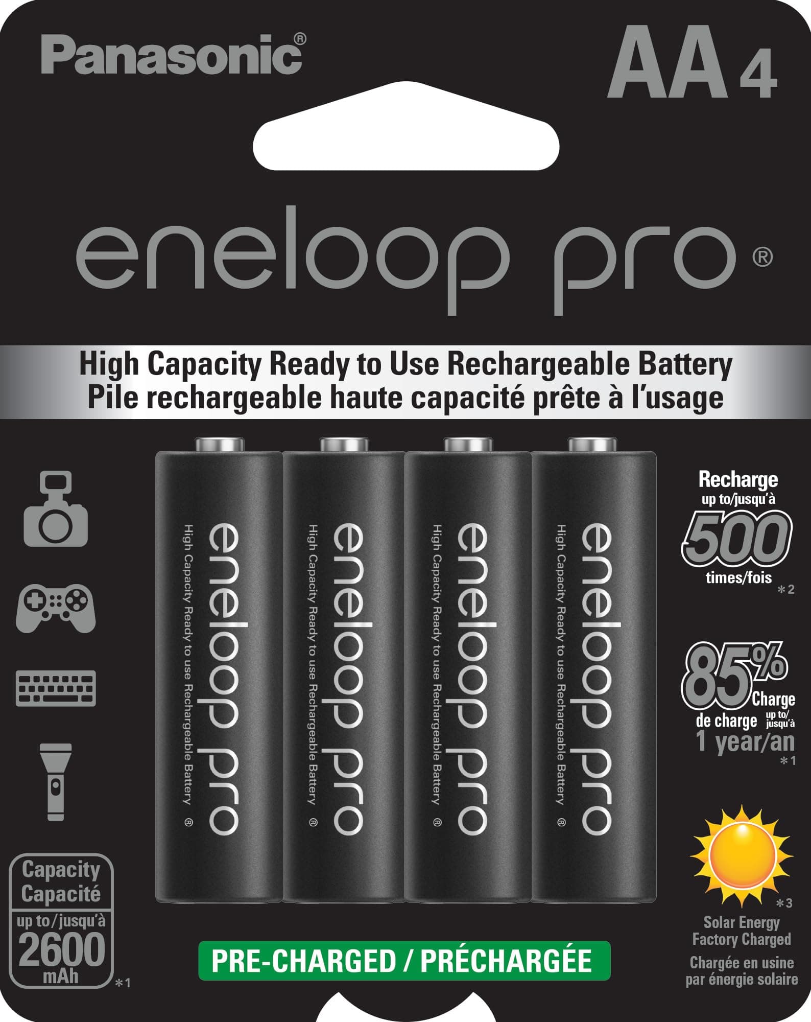 Panasonic BK-3HCCE/4BN Eneloop (Up to 2550 mAH) Pro AA high Capacity Ni-MH Pre-Charged Rechargeable Batteries, 4-Battery Pack (packing may vary) Pack of 4 Eneloop Pro-2550 mAh - Image 1