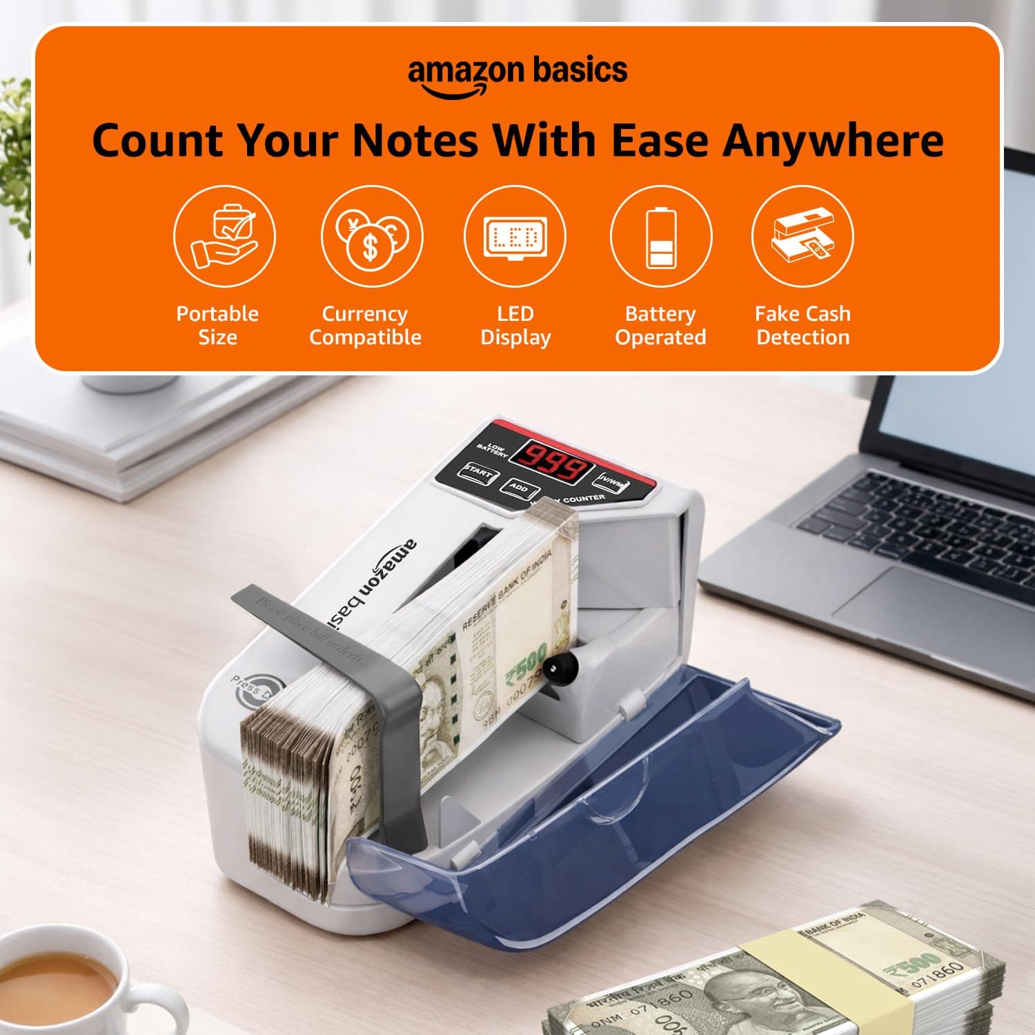 Amazon Basics Portable LED Display Mini Note Counting Machine for Home, Office, Business | Indian Currency/Cash Counting Machine | UV/WM Function |Auto-shutoff | White - Image 2