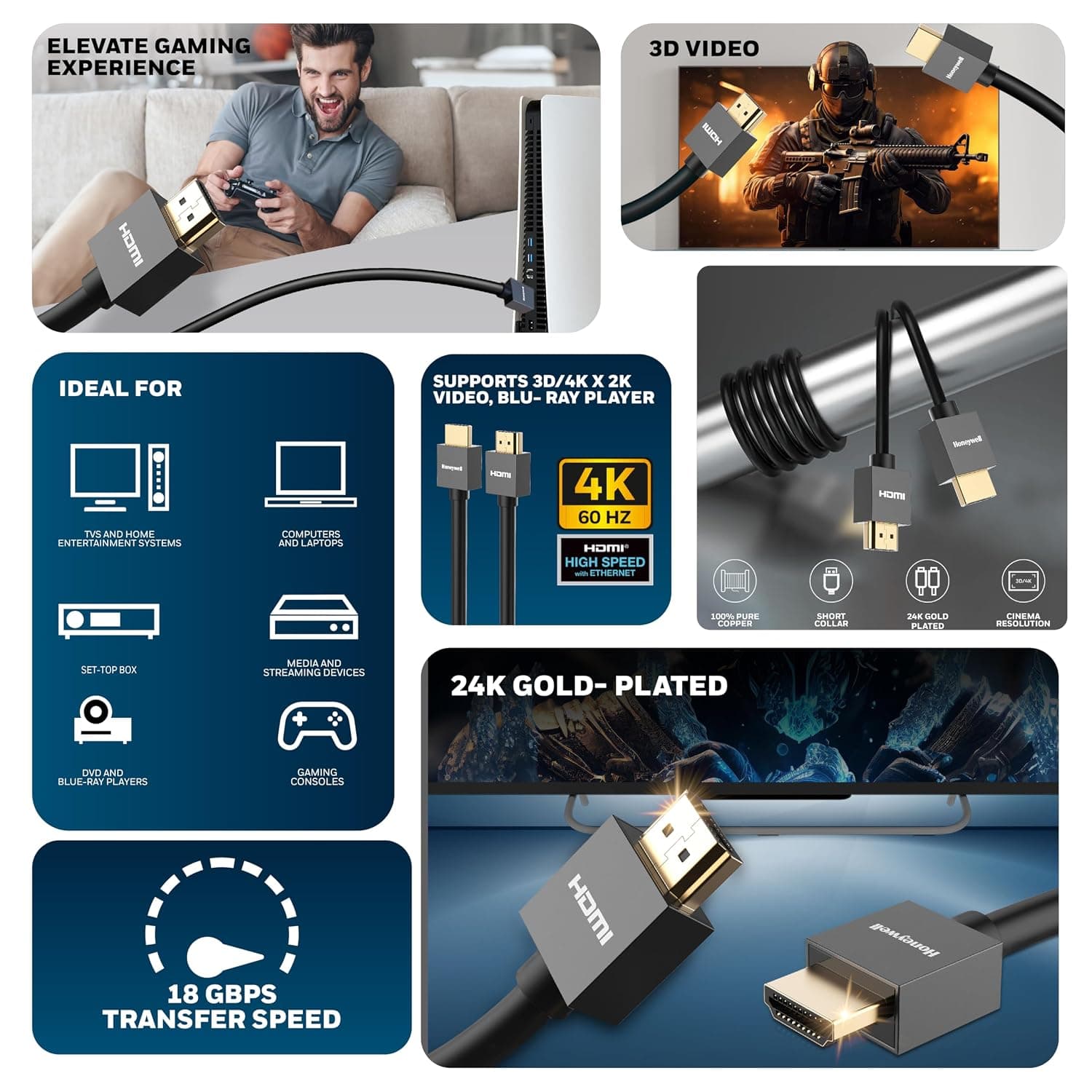 Honeywell HDMI Cable v2.0 with Ethernet, 3D/4K@60Hz Ultra HD Resolution, 2 Mtr, 18 GBPS Transmission Speed, High-Speed, Compatible with all HDMI Devices Laptop Desktop TV Set-top Box Gaming Console 2 Meter 2.0 HDMI to HDMI - Image 2